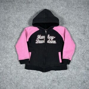 Harley Davidson Hoodie Girls Size 4‎ Black Pink Full Zip Double Sided Graphic